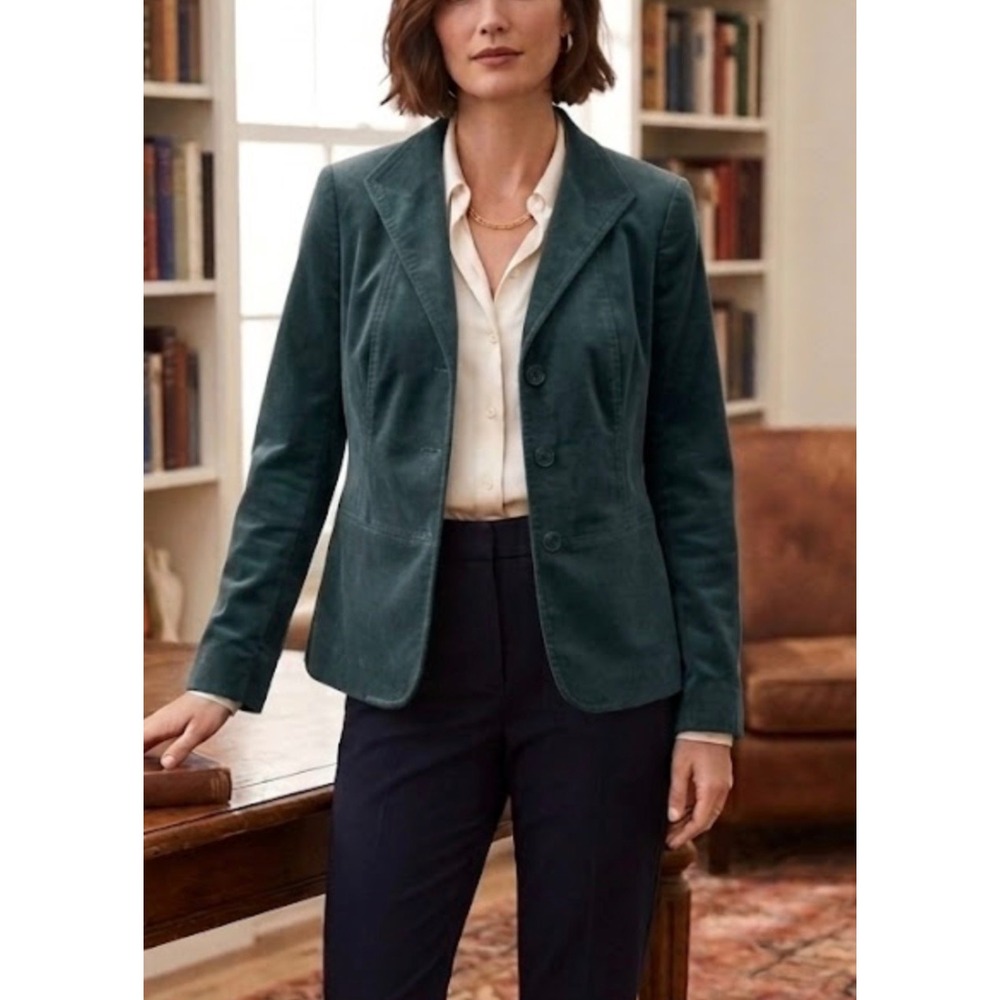 Talbots Womens Teal Corduroy Blazer Jacket Size 8 Green Velvet Feel 3 Button
